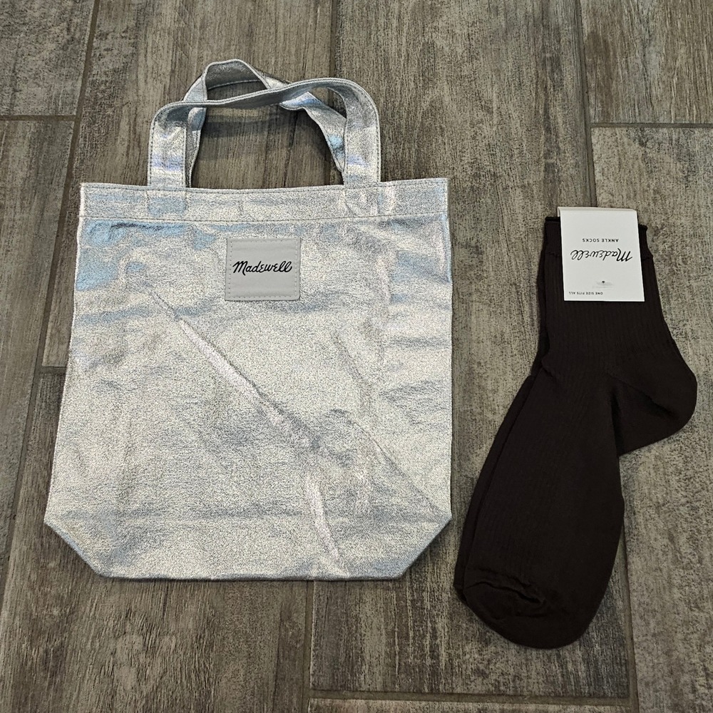Madewell Mini Tote Bag and Ankle Socks Set NEW Silver Brown Metallic Ribbed OS